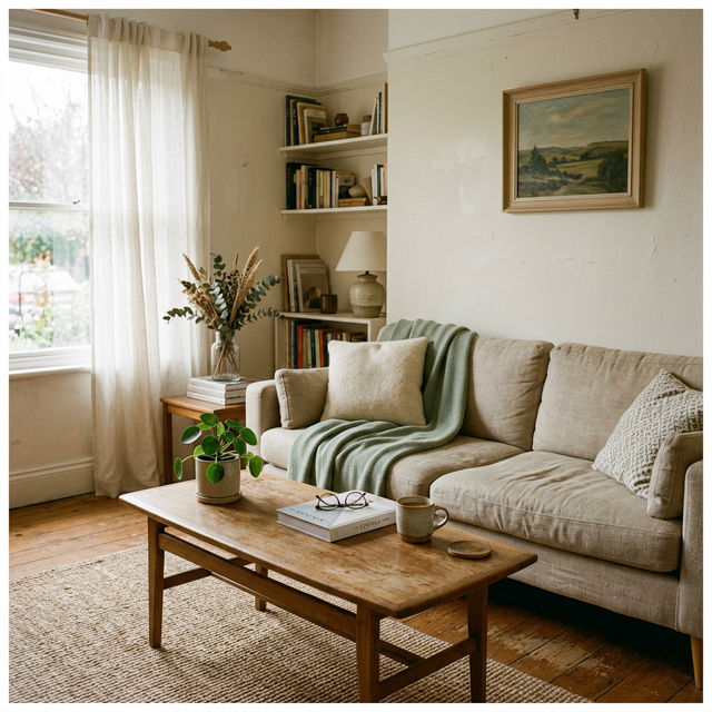 Salón cálido con luz natural, lino y madera clara, transmitiendo calma